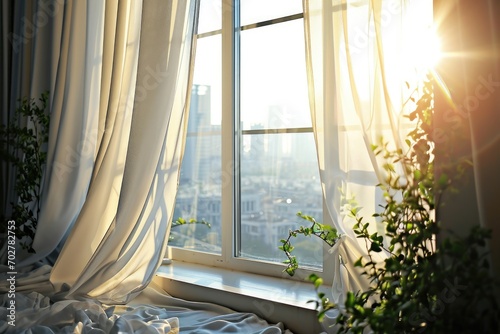 Translucent white curtains sway in the sunlight on the sill of a luxurious window overlooking the morning city. photo