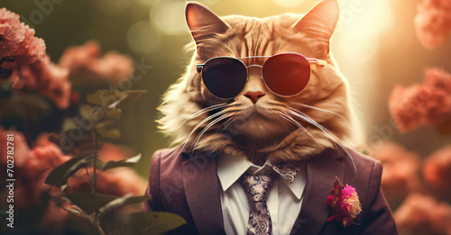 Cat wearing sunglasses and a suit anthropomorphic fashion style