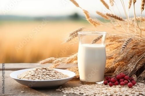 Papier peint a bowl of oatmeal next to a glass of milk and a bowl of raspberries on a table
