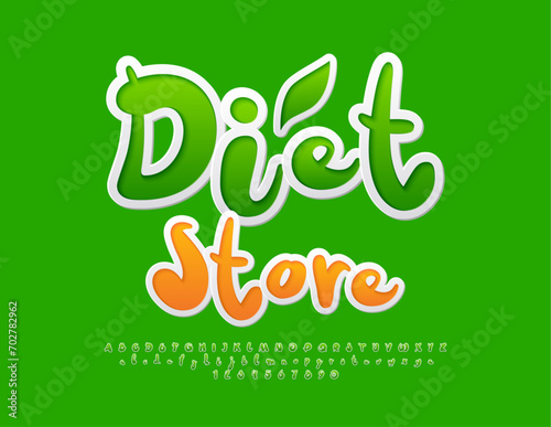 Vector healthy template Diet Store. Modern Green Font. Funny Handwritten Alphabet Letters, Numbers and Symbols set.