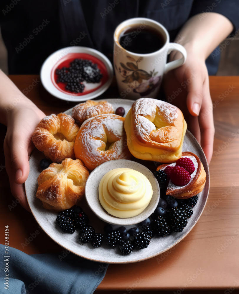 A person holds a plate surrounded by pastries and a cup of sauce A person holds a plate surrounded by pastries and a cup of sauce