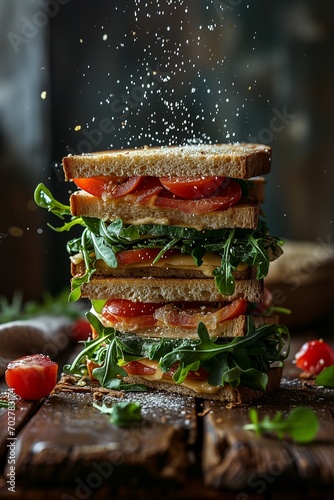 Falling sandwich with all ingredients, lettuce, tomatoes, meat patty, sauce. Floating sandwich on dark background.