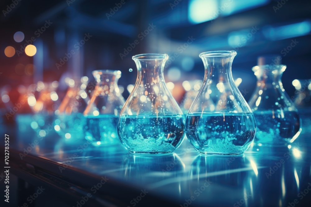 A row of glass vases filled with blue liquid. Imaginary laboratory glassware in blue and orange lights.