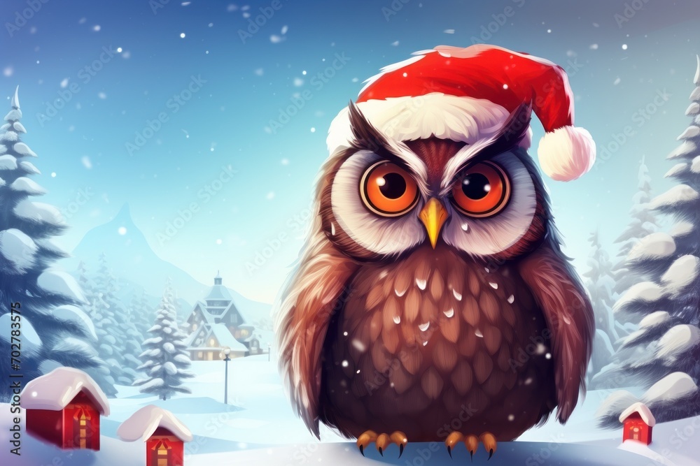  an owl wearing a santa hat sitting on a snowy branch in front of a snowy landscape with houses and trees.