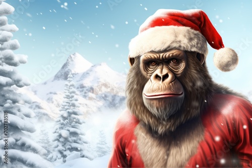  a monkey wearing a santa hat and standing in front of a snowy mountain with a fir tree in the foreground.