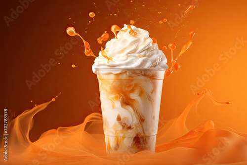 Delicious iced cold brew coffee with pumpkin spice isolated on a orange background