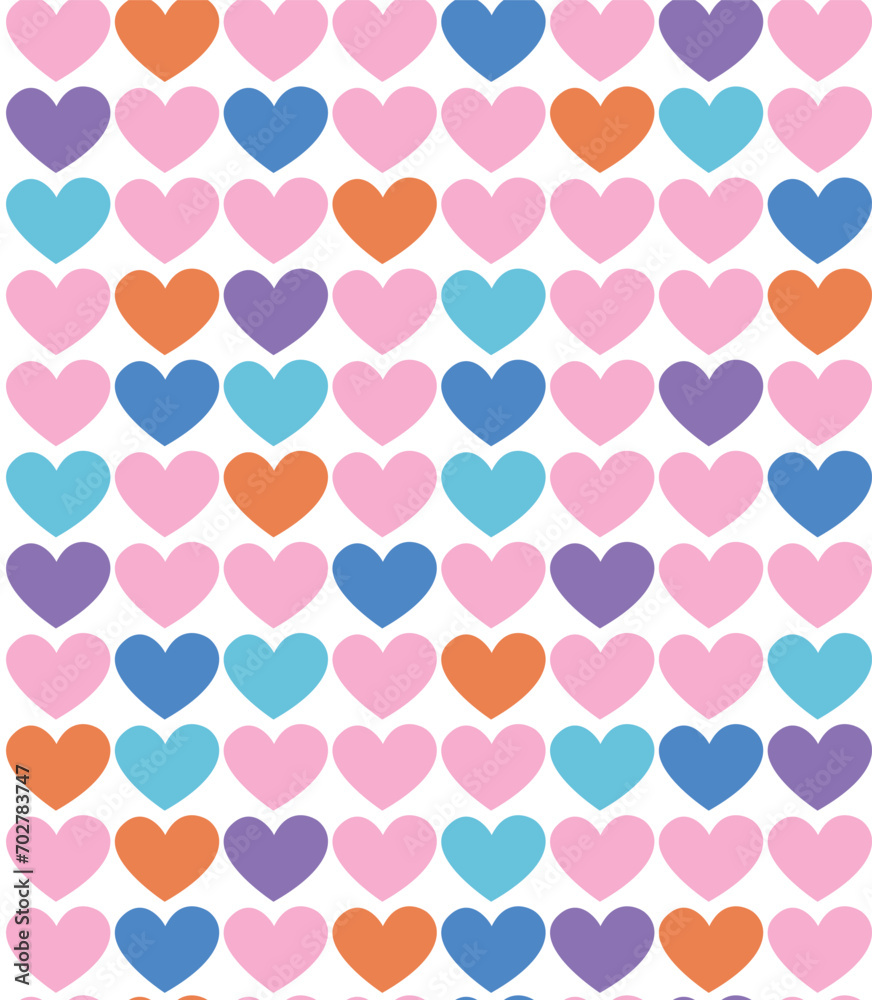 Colorful seamless pattern with hearts. Vector geometric background in pink, blue and orange colors
