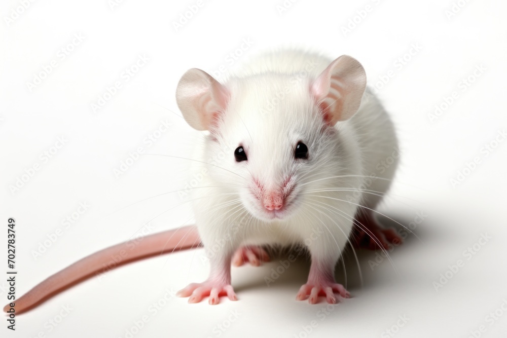 A white rat sitting on top of a white surface. Laboratory animal, testing model for research.