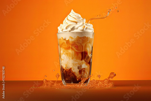 Delicious iced cold brew coffee with pumpkin spice isolated on a orange background