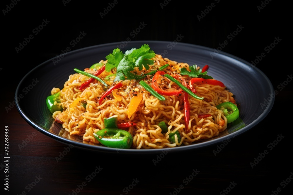  a close up of a plate of food with noodles and veggies on a black plate on a wooden table.