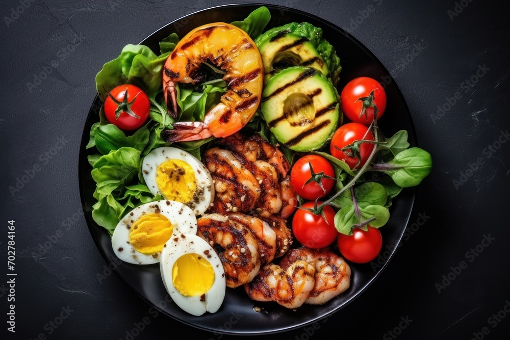  a plate of grilled shrimp, eggs, tomatoes, avocado, and tomatoes on a black surface.