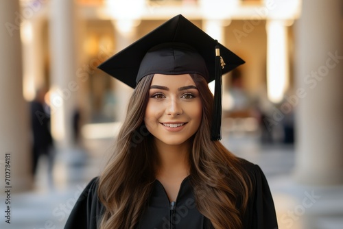 A young beautiful graduate American girl in a robe and hat portrait close-up, just graduated from high school or college. Generated by AI. Excellence in education and academic achievement