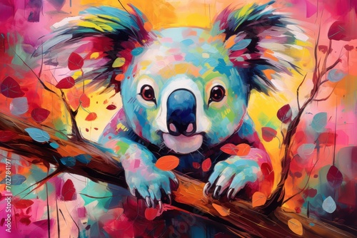  a painting of a koala bear sitting on a tree branch with colorful paint splatters all over it.
