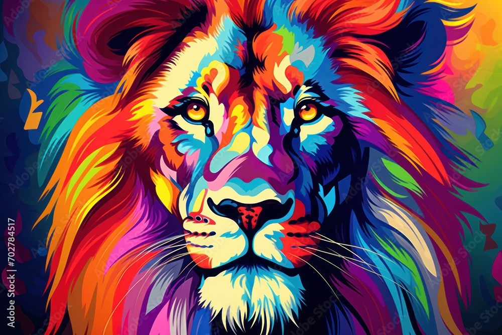  a close up of a colorful lion's face on a black background with a red, yellow, blue, green, orange, and pink color scheme.