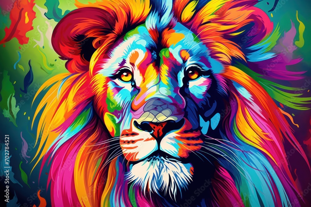  a colorful painting of a lion's face on a black background with a red, yellow, green, blue, and pink mane.