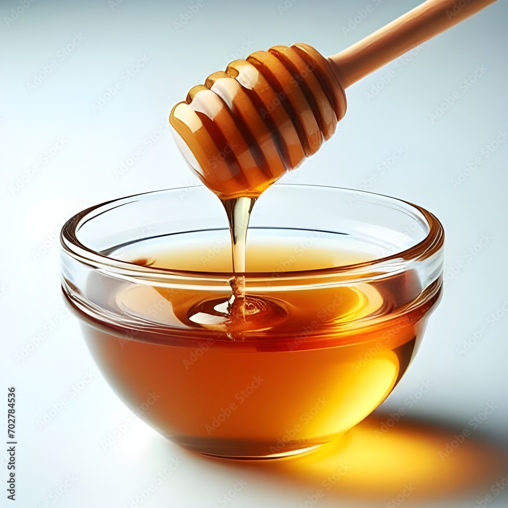Honey pouring from a wooden dipper into the glass bowl Honey pouring from a wooden dipper into the glass bowl