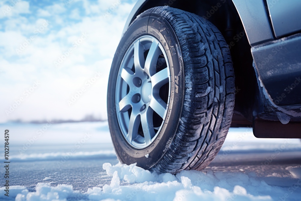  a close up of a tire on a car on a snowy road with blue sky and clouds in the background.
