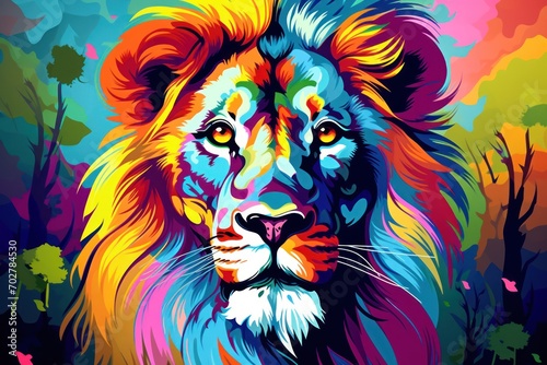  a painting of a lion's face with multi - colored paint splattered on it's face.