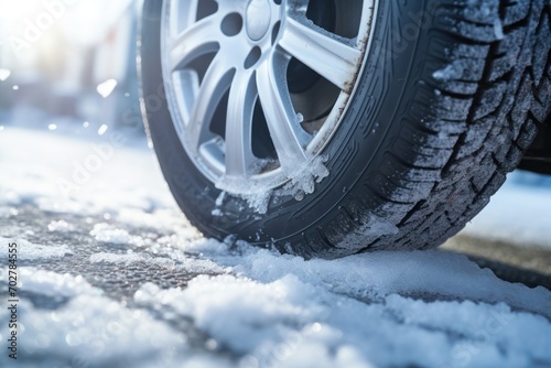  a close up of a snow covered tire of a car on a city street with snow on the ground and snow flakes on the ground.