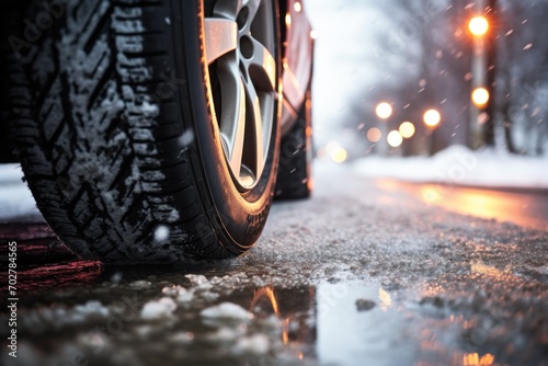  a close up of the tire of a car on a snowy road with a street light in the back ground.
