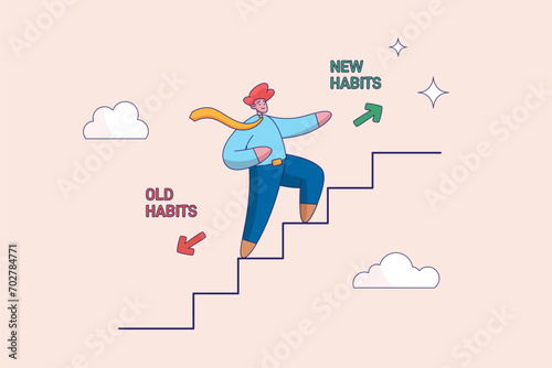 Make a choice concept. Businessman walking up stair to new habits way. Old Habits and new habits choice, Choose a new direction. Modern flat vector illustration.