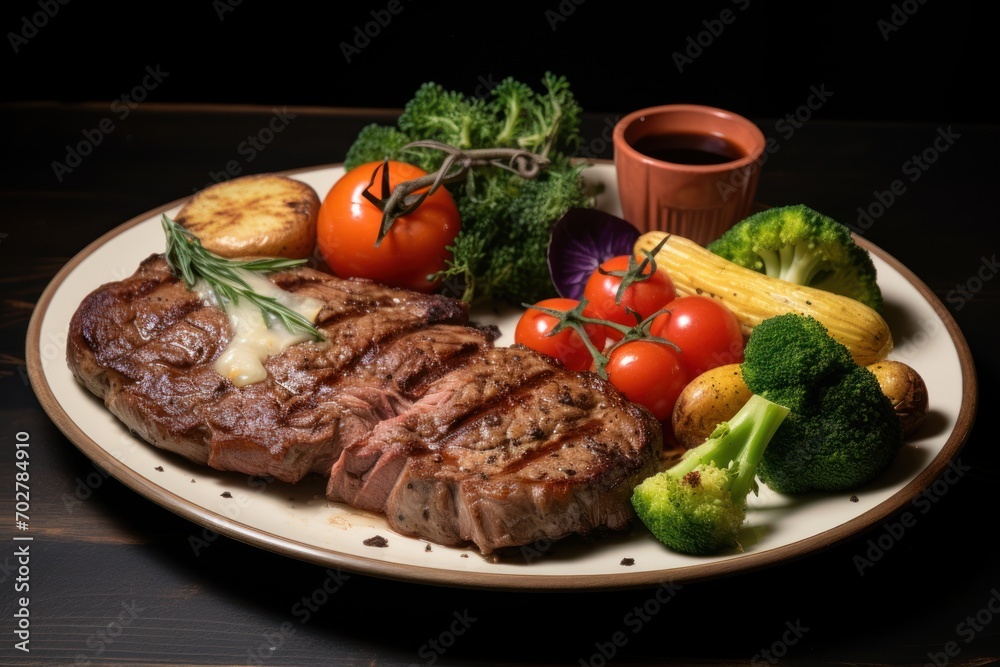 a plate of steak, broccoli, tomatoes, corn, carrots, and broccoli on a table. a plate of steak, broccoli, tomatoes, corn, carrots, and broccoli on a table.