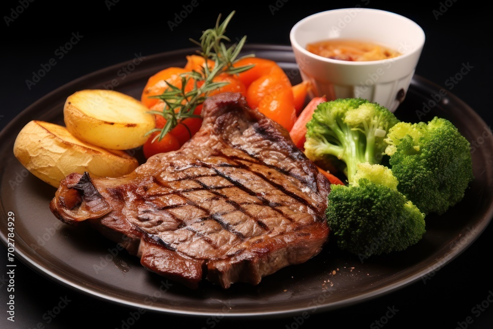 a plate of steak, potatoes, carrots, and broccoli with a dipping sauce on the side. a plate of steak, potatoes, carrots, and broccoli with a dipping sauce on the side.