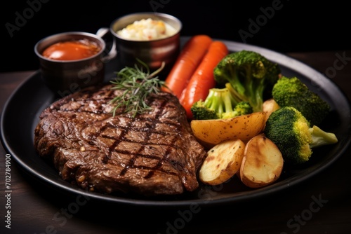  a plate of steak, potatoes, carrots, and broccoli with dipping sauces on the side.