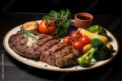  a plate of steak, broccoli, tomatoes, corn, carrots, and broccoli on a table.