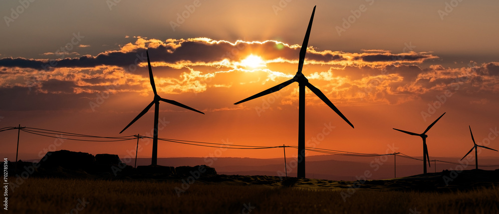 Obraz premium Silhouette of wind turbines in the landscape. Sky with clouds during sunset. Renewable and sustainable energy, climate change, technology. 3D illustration