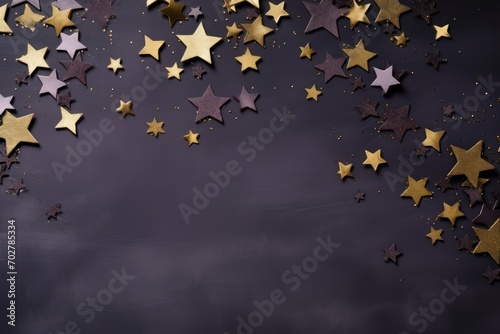  a group of gold and silver stars on a black background with gold confetti on the bottom of the stars.