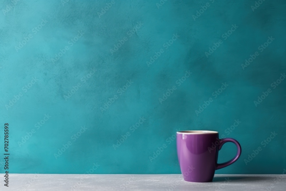 a purple coffee cup sitting on top of a table next to a teal green wall with a black cat sitting on top of it. a purple coffee cup sitting on top of a table next to a teal green wall with a black cat sitting on top of it.