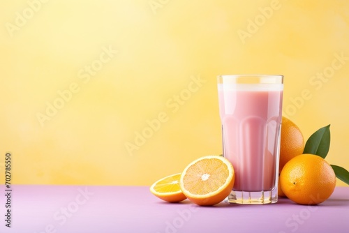  a glass of orange juice next to an orange slice and a grapefruit on a purple surface with a yellow background.