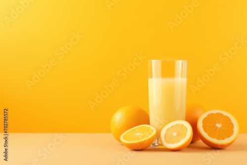  a glass of orange juice next to sliced oranges and a half of a grapefruit on a yellow background.