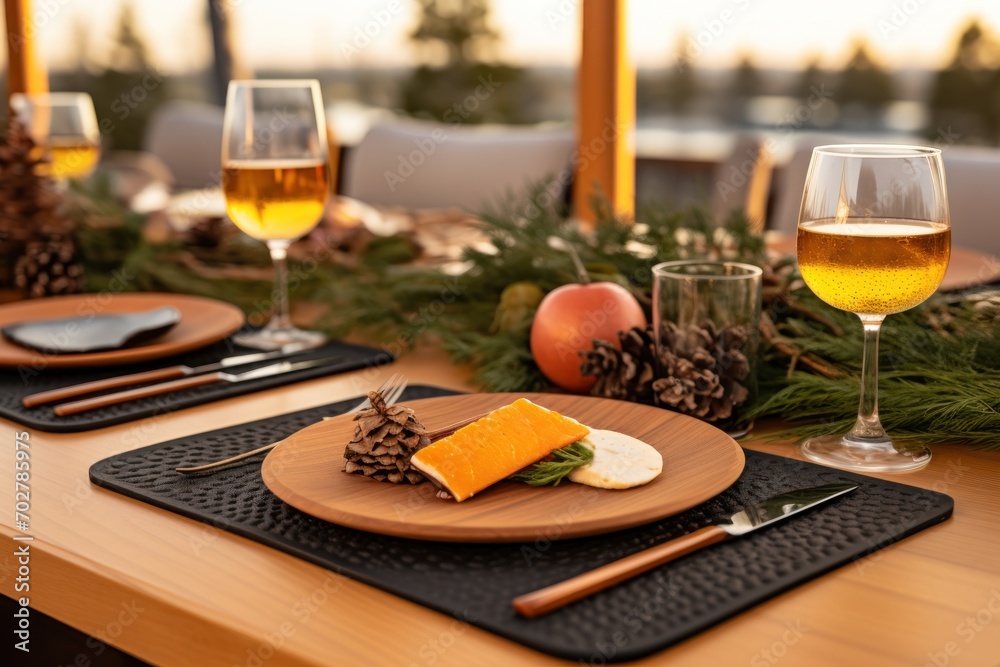  a wooden table topped with a plate of food and a glass of wine next to a couple of glasses of wine.