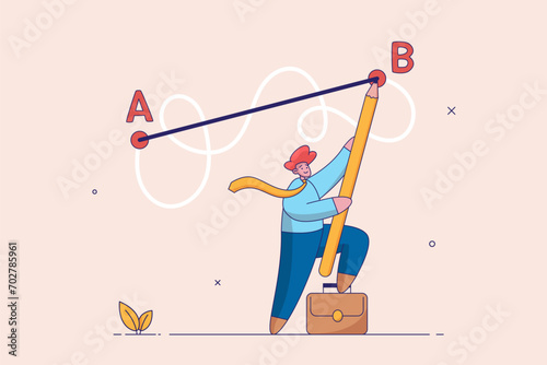 Easy or shortcut way to win business success or hard path and obstacle concept. Man holding pen in hand leads a drawing line from point A to point B, Straight and complicated path.