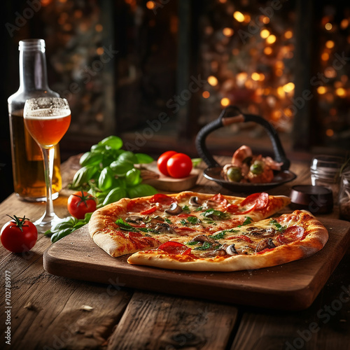 Delicious pizza on wooden table on restaurant with drinks glass on plate high quality image