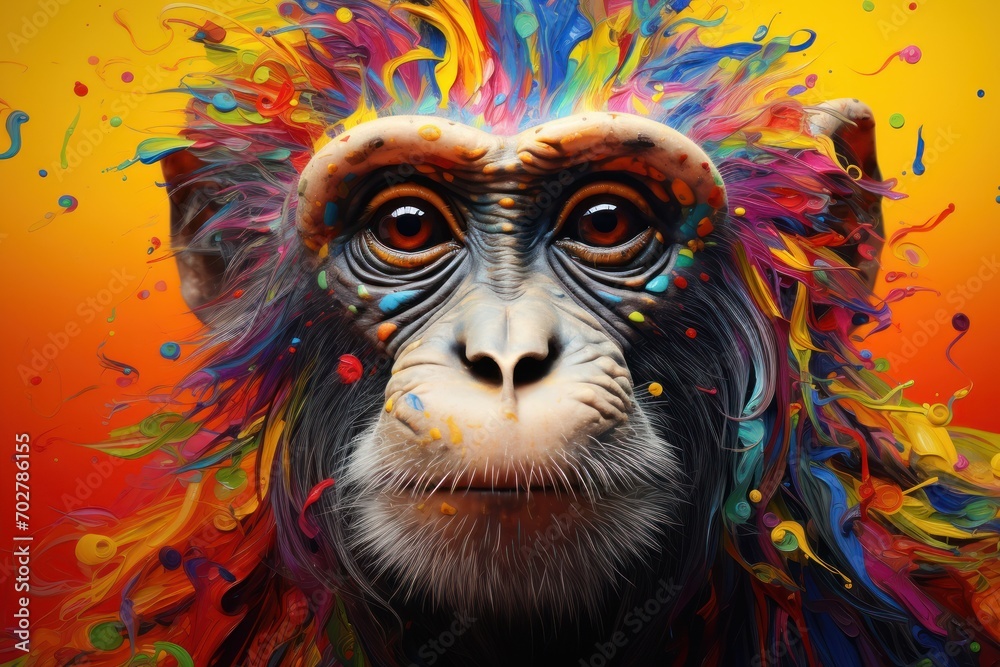  a painting of a monkey's face with multi - colored paint splatters on it's face.