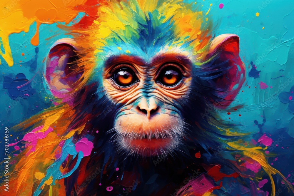 a painting of a monkey's face with multicolored paint splattered on it's face. a painting of a monkey's face with multicolored paint splattered on it's face.