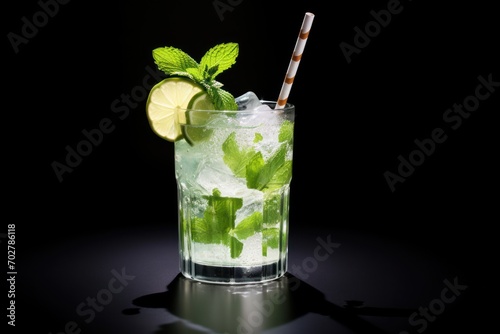  a mojito with lime and mint in a tall glass with a straw and a striped straw sticking out of it.