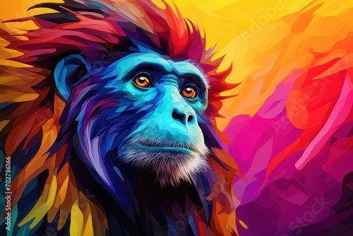  a painting of a monkey s face with a multicolored pattern on the back of it s face.