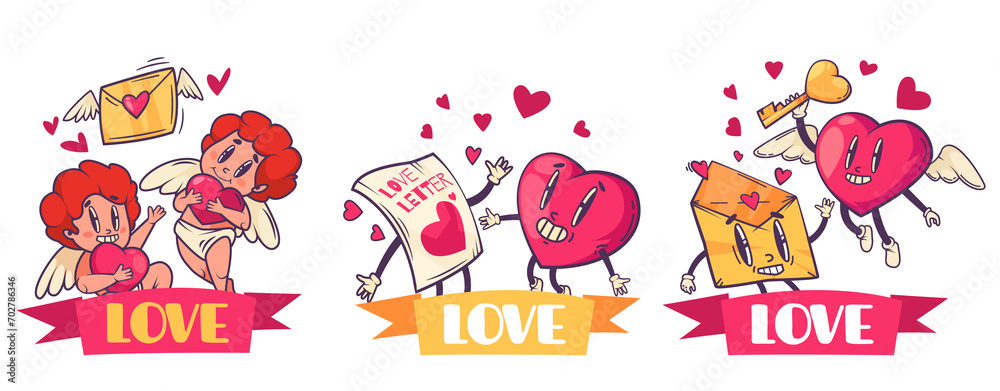 Fototapeta premium Hand drawn groovy love characters