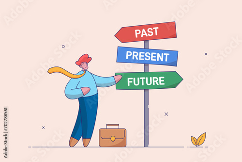 Businessman and a signpost arrows showing three different options, past, present and future course, Choose journey direction. Modern flat vector illustration.
