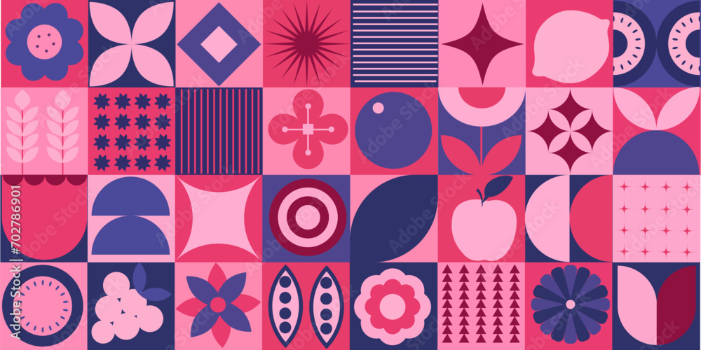 Fototapeta premium Geometric food pattern. Abstract minimal natural floral banner, organic fruit plants simple shapes. Vector illustration, in Swiss bauhaus style