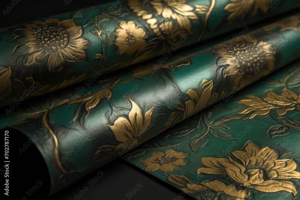 a close up of a green and gold wallpaper with a flower design on the side of the roll of the wall. a close up of a green and gold wallpaper with a flower design on the side of the roll of the wall.