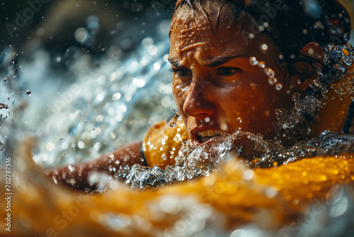 Close-up of a canoe sprint athlete s determined face and muscular arms as they paddle vigorously during a high-speed race.