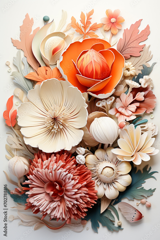A seashell, coral, snail, and other coral, and some leaves A seashell, coral, snail, and other coral, and some leaves