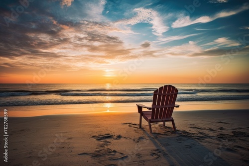A solitary beach chair facing the ocean at sunrise, inviting relaxation and contemplation © PinkiePie