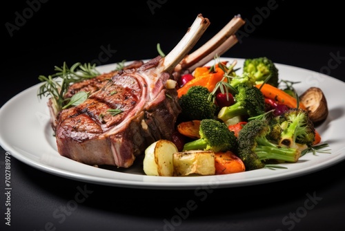  a close up of a plate of food with meat and veggies on a table with a black background.
