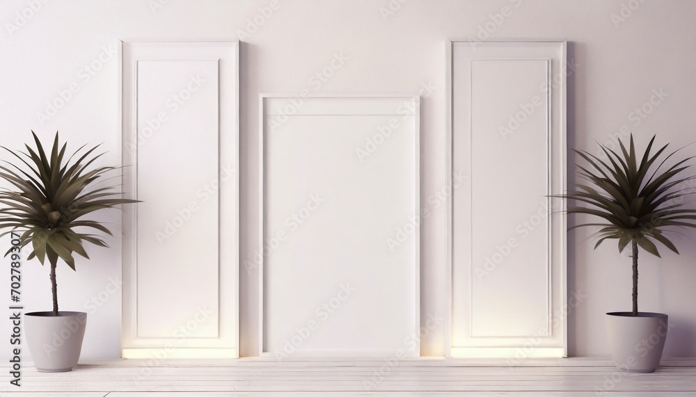 beautiful light background mock up for presentation with decorative white panels and decorate with hidden lighting ai generated - obrazy, fototapety, plakaty 